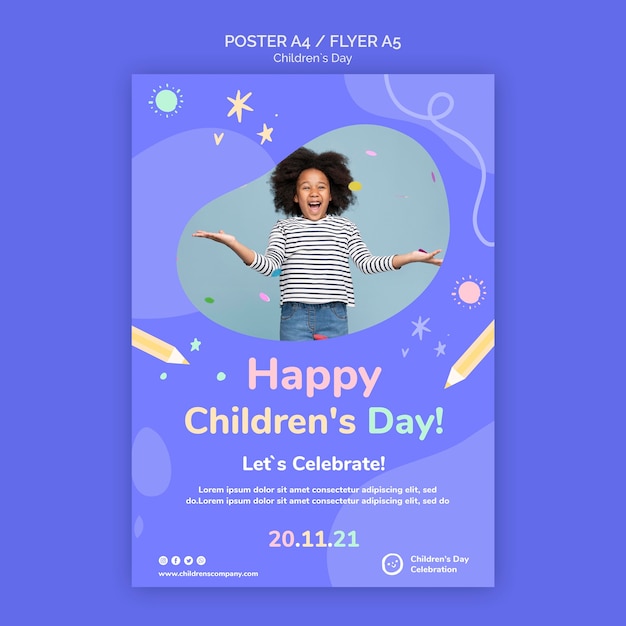 PSD plantilla de impresión vertical del día del niño con detalles coloridos