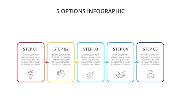 Plantilla de infografía empresarial Diagrama de línea delgada con números 5 opciones o pasos Elemento de línea de tiempo