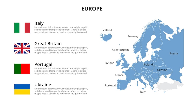 PSD plantilla de infografía de mapa de europa dividida por países presentación de diapositivas