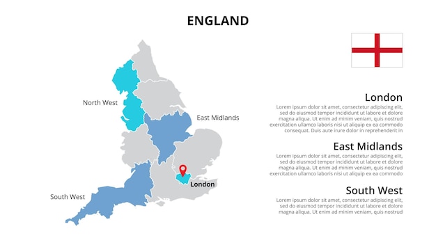 Plantilla de infografía de mapa de Inglaterra dividida por países Presentación de diapositivas