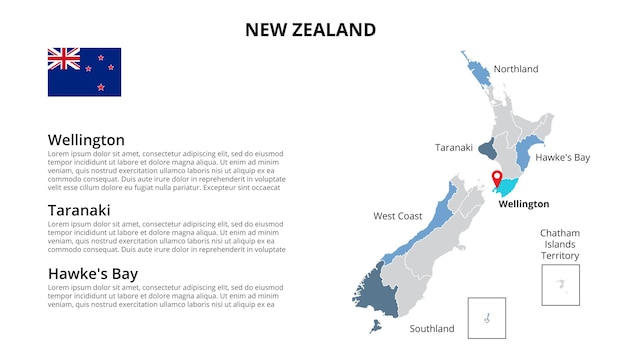 PSD plantilla de infografía de mapa de photoshop de nueva zelanda dividida por países presentación de diapositivas