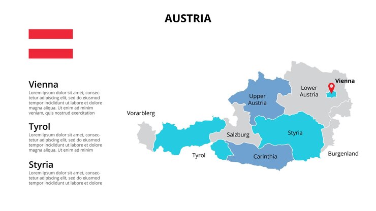PSD plantilla infográfica de mapa de austria dividida por países presentación de diapositivas