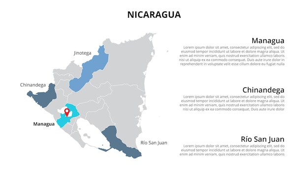 Plantilla infográfica de mapa de photoshop de nicaragua dividida por países presentación de diapositivas