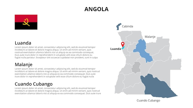 PSD plantilla infográfica de mapa vectorial de angola dividida por estados, regiones o provincias presentación de diapositivas