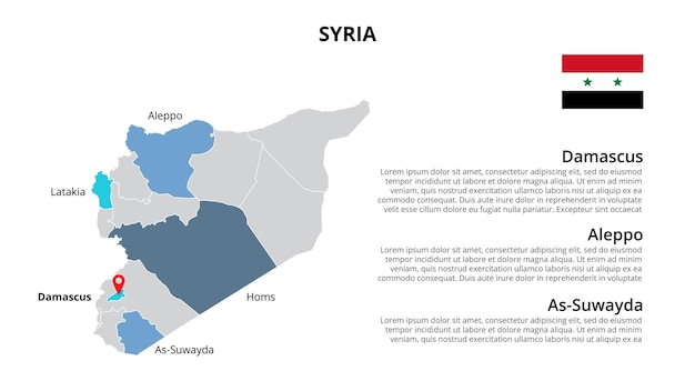 PSD plantilla infográfica de mapa vectorial de siria dividida por estados, regiones o provincias presentación de diapositivas