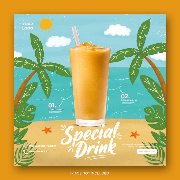 Plantilla de instagram de redes sociales de promoción de menú de bebidas de naranja en la playa