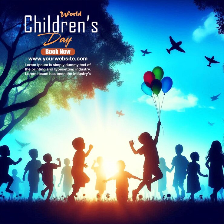 Plantilla interactiva del Día Mundial de la Infancia con niños jugando juegos tradicionales