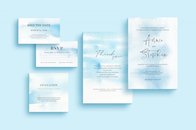plantilla de invitación de acuarela, conjunto de papelería de boda