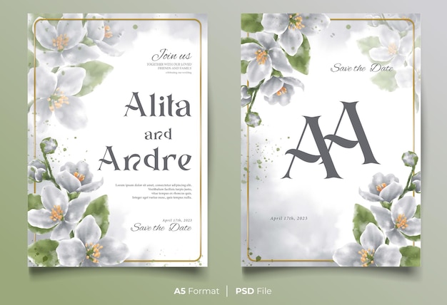 Plantilla de invitación de boda en acuarela con adorno de flor blanca