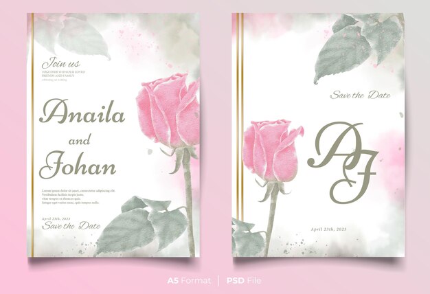 Plantilla de invitación de boda en acuarela con adorno de flor rosa