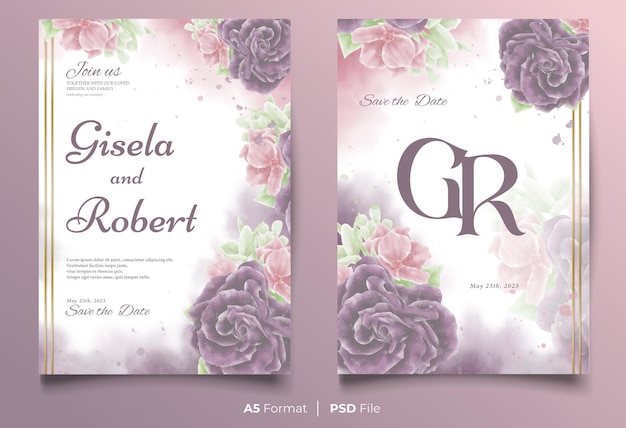 Plantilla de invitación de boda de acuarela con adorno de flor violeta y rosa