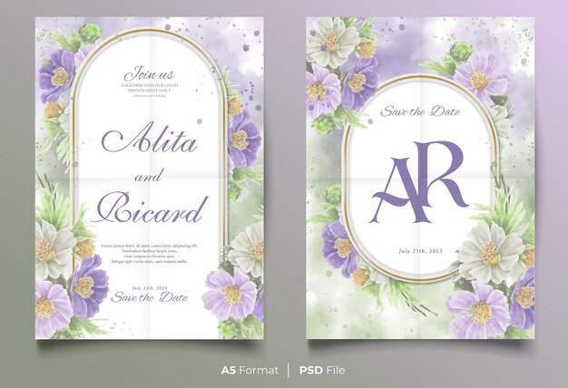 PSD plantilla de invitación de boda de acuarela con adorno de flores moradas y blancas