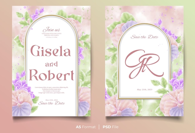 Plantilla de invitación de boda en acuarela con adorno de flores rosas y moradas