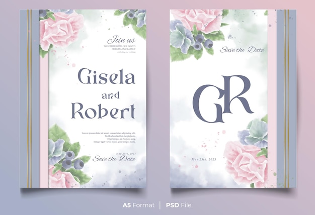 Plantilla de invitación de boda en acuarela con adorno de flores rosas y verdes