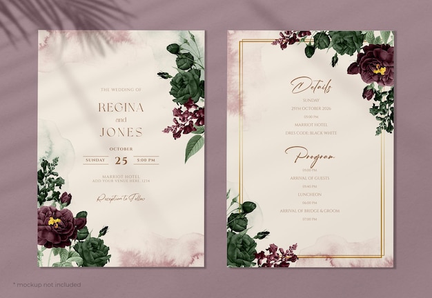 Plantilla de invitación de boda de acuarela con floral verde burdeos