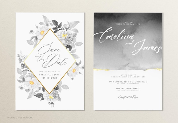 Plantilla de invitación de boda en acuarela con hermosa decoración floral