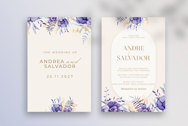 Plantilla de invitación de boda en acuarela con hojas de rosas moradas