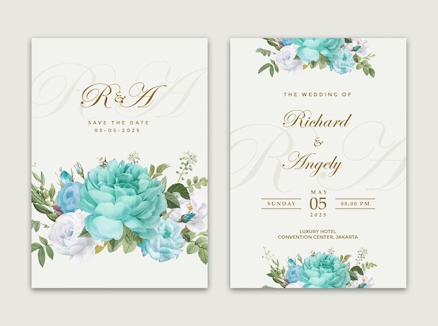 PSD plantilla de invitación de boda azul elegante flor de doble diapositiva azul