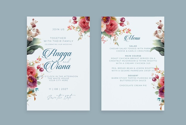 Plantilla de invitación de boda azul polvoriento con hermosa flor