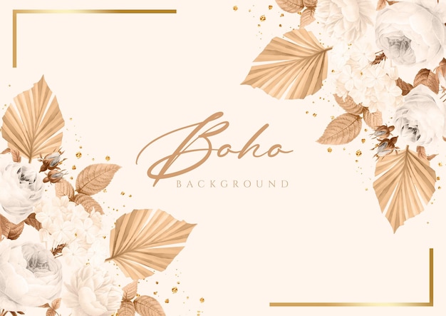 PSD plantilla de invitación de boda boho moderna con decoración floral blanca y hojas