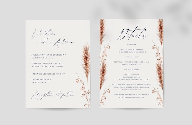 PSD plantilla de invitación de boda clásica con hermosas flores silvestres de boho