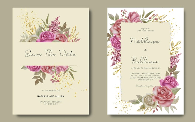 PSD plantilla de invitación de boda con decoración de flores de acuarela