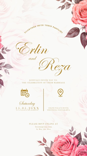 plantilla de invitación de boda digital con flores