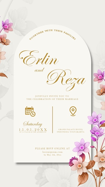 plantilla de invitación de boda digital con flores