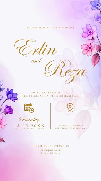 plantilla de invitación de boda digital con flores