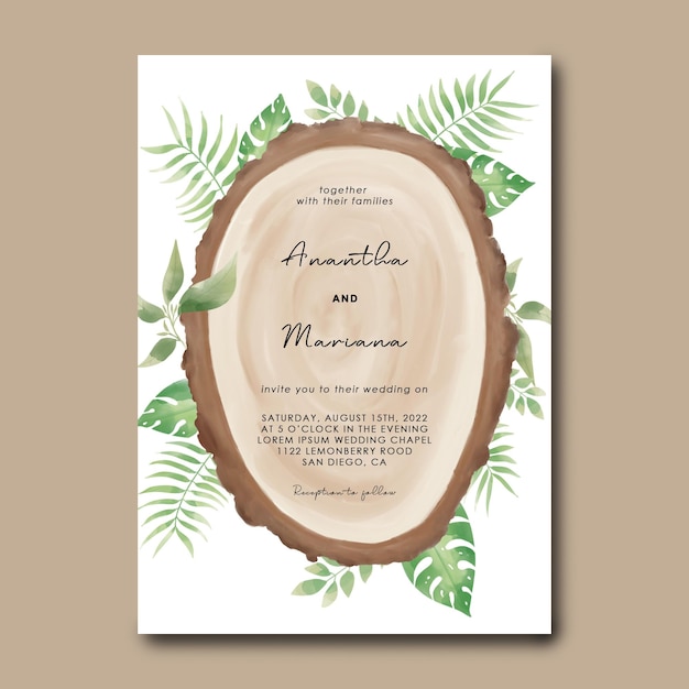 Plantilla de invitación de boda con diseño de rebanada de madera y hojas tropicales de acuarela