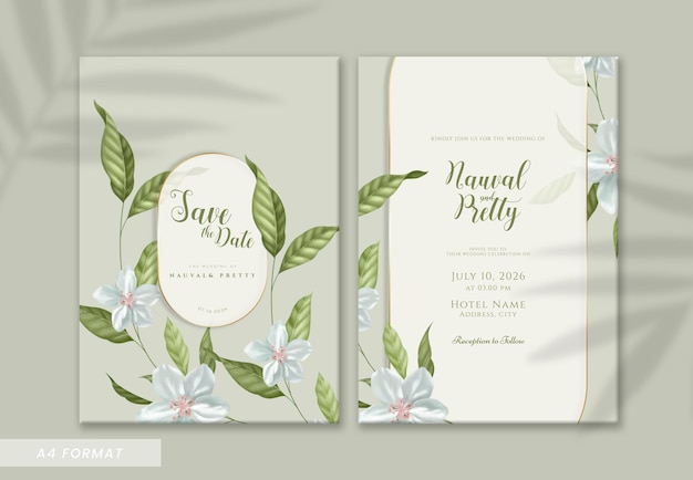 PSD plantilla de invitación de boda de doble cara con acuarela de flor blanca y hojas verdes