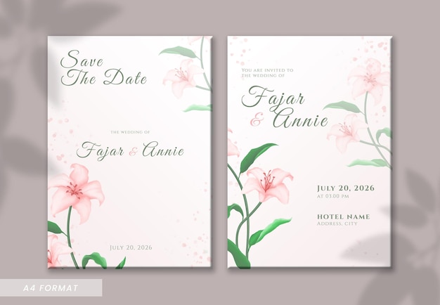 Plantilla de invitación de boda de doble cara de acuarela de flor rosa elegante simple