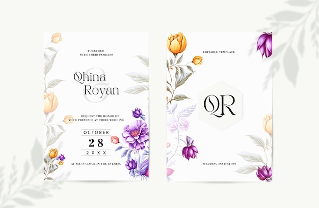 Plantilla de invitación de boda de doble cara con elegantes flores de acuarela