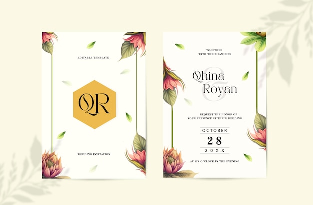 Plantilla de invitación de boda de doble cara con elegantes flores de acuarela