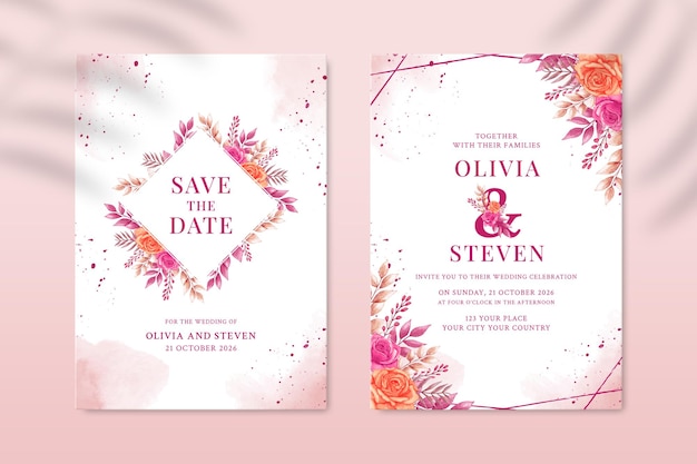 Plantilla de invitación de boda de doble cara con flor amarilla y rosa PSD Premium