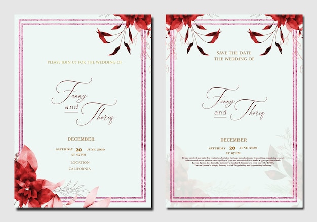 Plantilla de invitación de boda de doble cara con flor azul verde púrpura PSD Premium