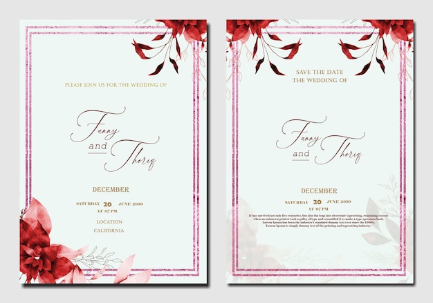 Plantilla de invitación de boda de doble cara con flor azul verde púrpura psd premium