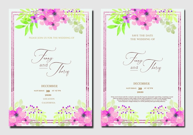 Plantilla de invitación de boda de doble cara con flor azul verde púrpura PSD Premium