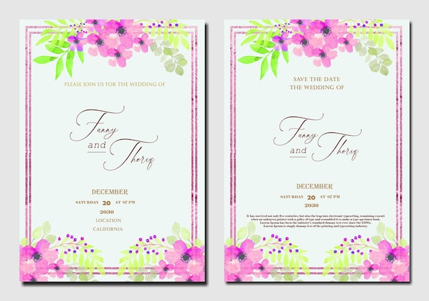 PSD plantilla de invitación de boda de doble cara con flor azul verde púrpura psd premium