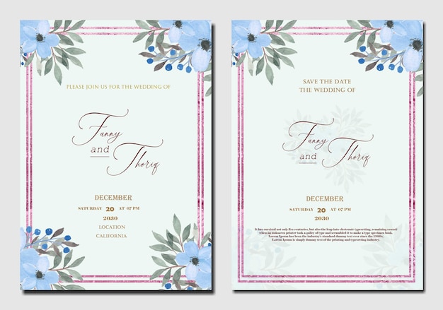Plantilla de invitación de boda de doble cara con flor azul verde púrpura PSD Premium
