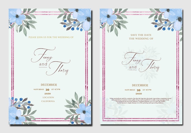 PSD plantilla de invitación de boda de doble cara con flor azul verde púrpura psd premium