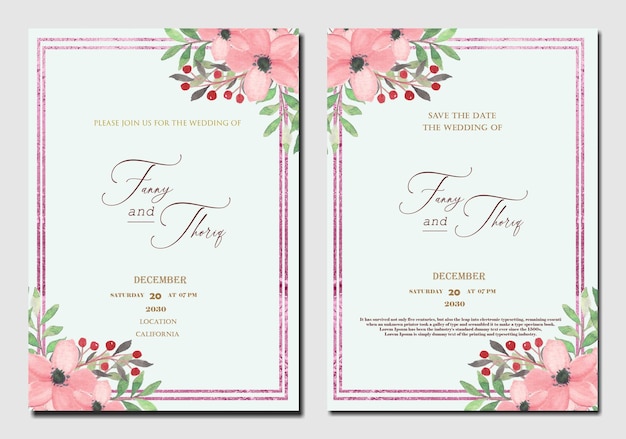 Plantilla de invitación de boda de doble cara con flor azul verde púrpura PSD Premium