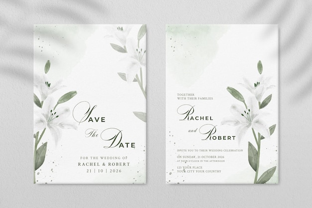 PSD plantilla de invitación de boda de doble cara con flor blanca psd premium