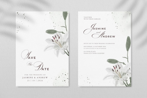 Plantilla de invitación de boda de doble cara con flor blanca PSD Premium