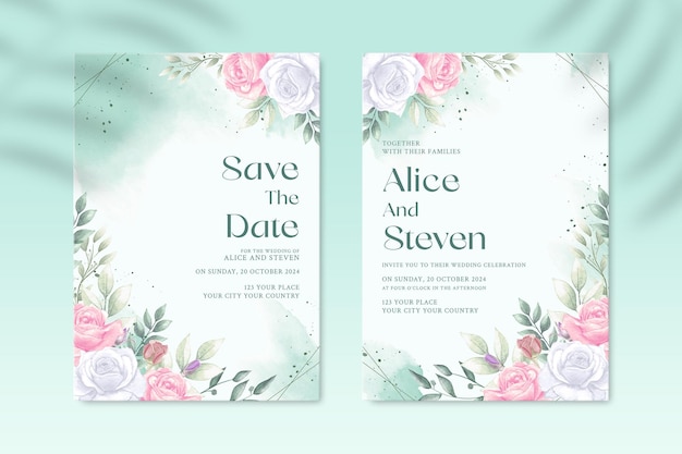 Plantilla de invitación de boda de doble cara con flor blanca y rosa PSD Premium