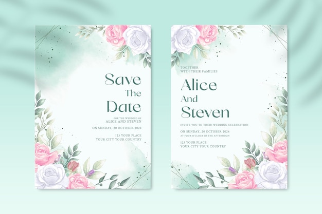 PSD plantilla de invitación de boda de doble cara con flor blanca y rosa psd premium