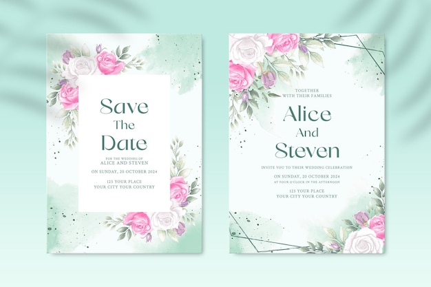 Plantilla de invitación de boda de doble cara con flor blanca y rosa PSD Premium