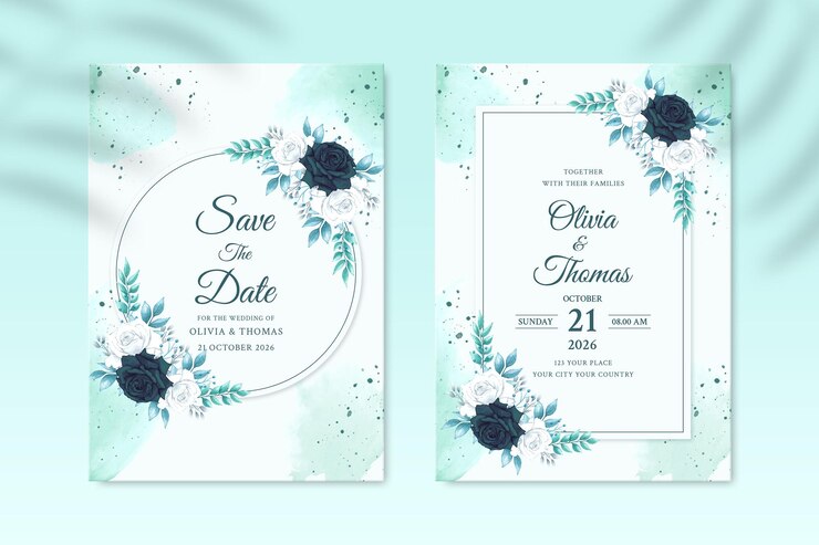 PSD plantilla de invitación de boda de doble cara con flor blanca y verde psd premium