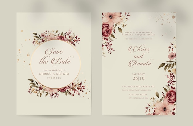 Plantilla de invitación de boda de doble cara con flor marrón