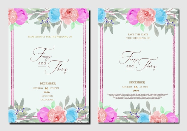 Plantilla de invitación de boda de doble cara con flor roja púrpura PSD Premium